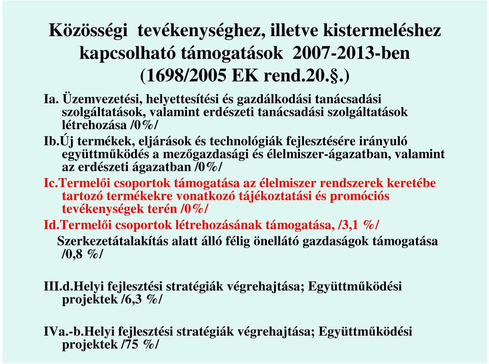 Új termékek, eljárások és technológiák fejlesztésére irányuló együttm ködés a mez gazdasági és élelmiszer-ágazatban, valamint az erdészeti ágazatban /0%/ Ic.