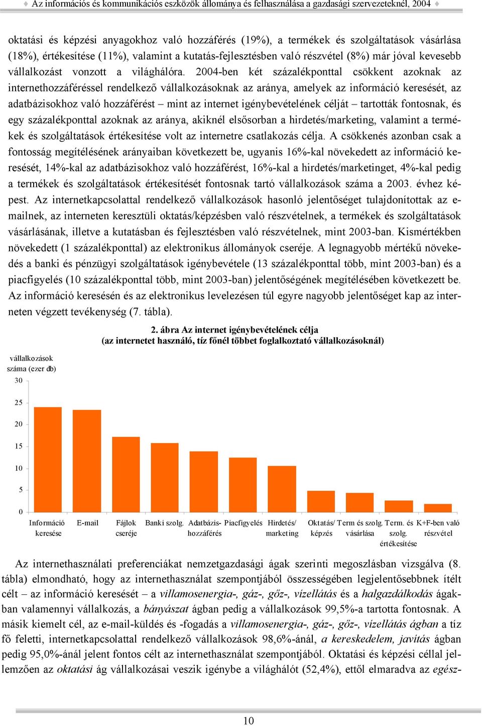 2004-ben két százalékponttal csökkent azoknak az internethozzáféréssel rendelkező vállalkozásoknak az aránya, amelyek az információ keresését, az adatbázisokhoz való hozzáférést mint az internet