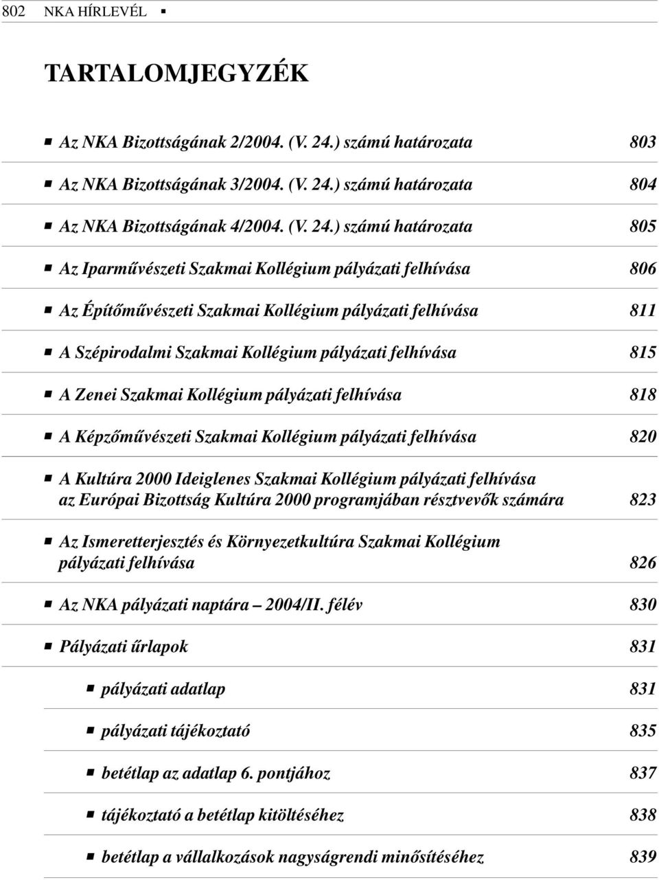 ) számú határozata 804 Az NKA Bizottságának 4/2004. (V. 24.