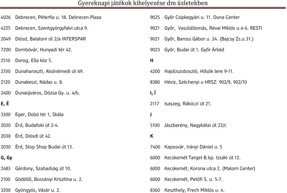 2030 Érd, Stop Shop Budai út 13. G, Gy 2483 Gárdony, Szabadság út 10. 2100 Gödöllő, Bossányi Krisztina u. 2. 3200 Gyöngyös, Vásár u. 2. 9025 Győr Csipkegyári u. 11.