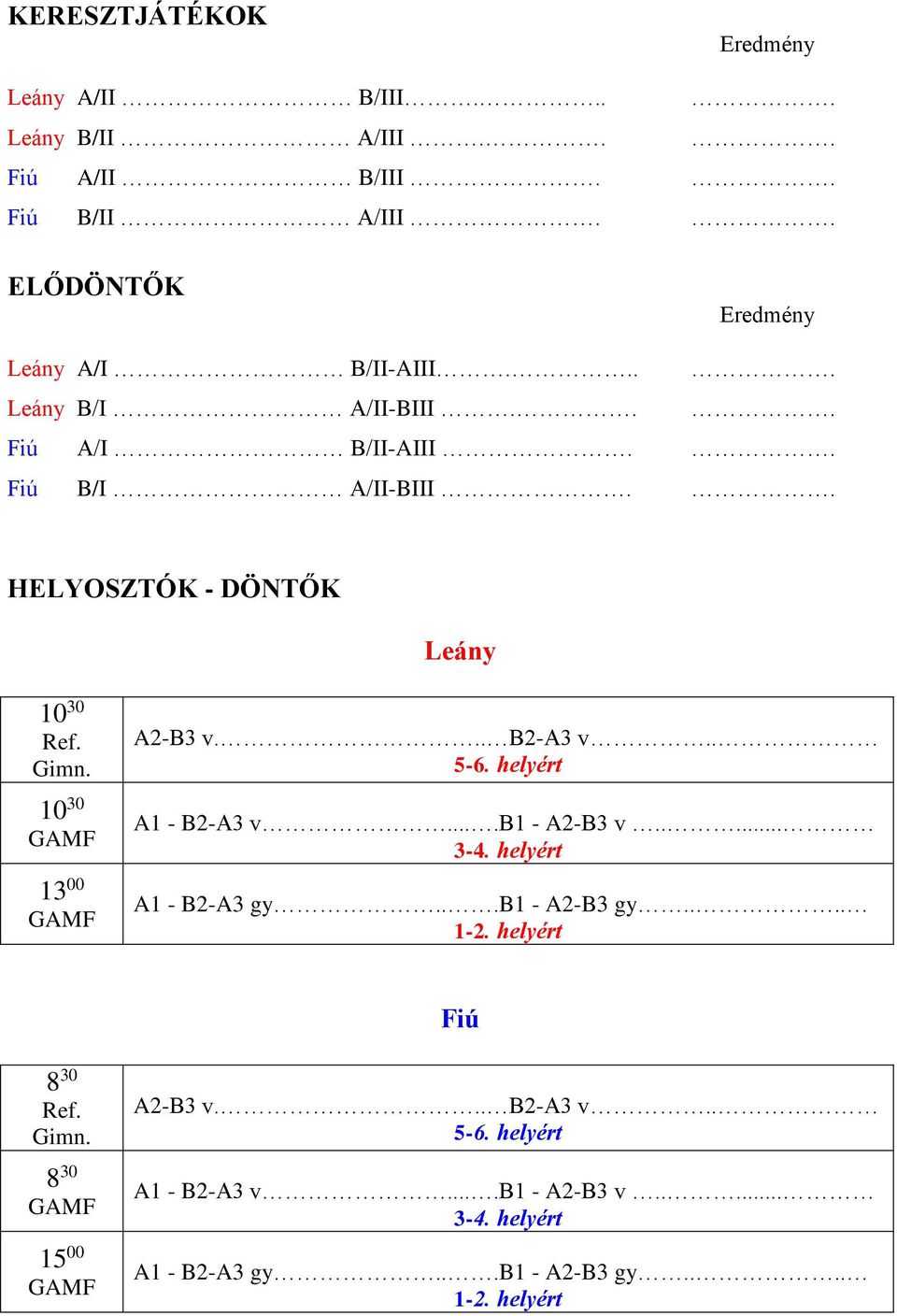 .. B2-A3 v.. 5-6. helyért A1 - B2-A3 v....b1 - A2-B3 v..... 3-4. helyért A1 - B2-A3 gy...b1 - A2-B3 gy.... 1-2. helyért Fiú 8 30 Ref.