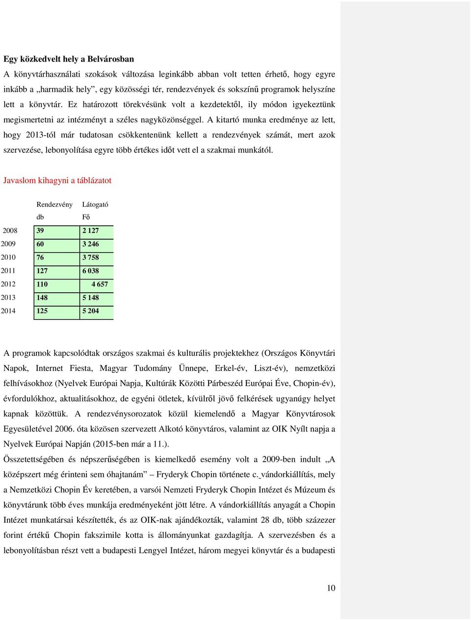 A kitartó munka eredménye az lett, hogy 2013-tól már tudatosan csökkentenünk kellett a rendezvények számát, mert azok szervezése, lebonyolítása egyre több értékes időt vett el a szakmai munkától.