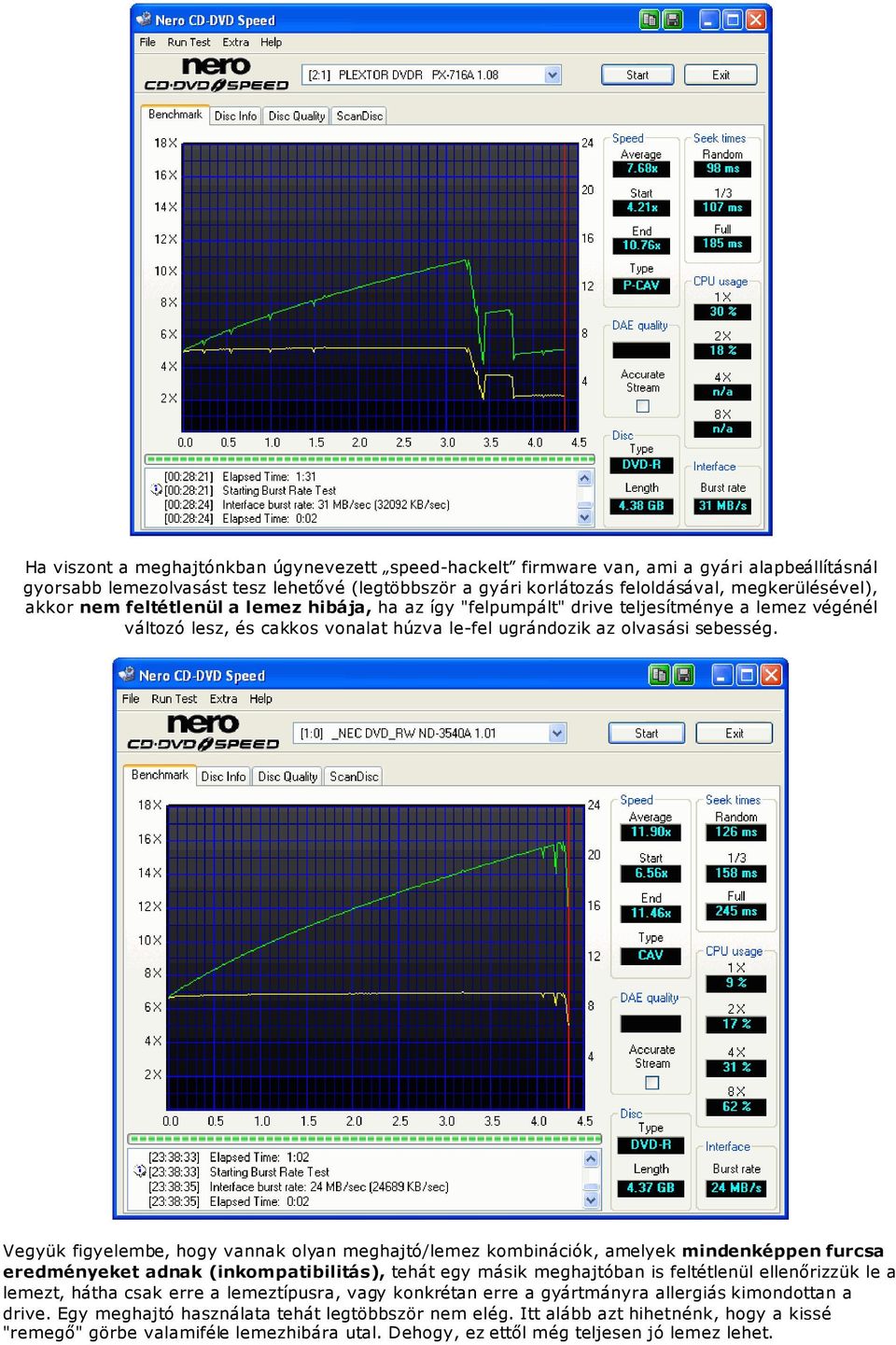 Vegyük figyelembe, hogy vannak olyan meghajtó/lemez kombinációk, amelyek mindenképpen furcsa eredményeket adnak (inkompatibilitás), tehát egy másik meghajtóban is feltétlenül ellenırizzük le a