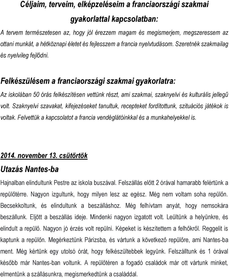 Felkészülésem a franciaországi szakmai gyakorlatra: Az iskolában 50 órás felkészítésen vettünk részt, ami szakmai, szaknyelvi és kulturális jellegű volt.