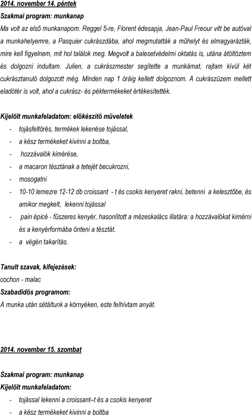 Megvolt a balesetvédelmi oktatás is, utána átöltöztem és dolgozni indultam. Julien, a cukrászmester segítette a munkámat, rajtam kívül két cukrásztanuló dolgozott még.