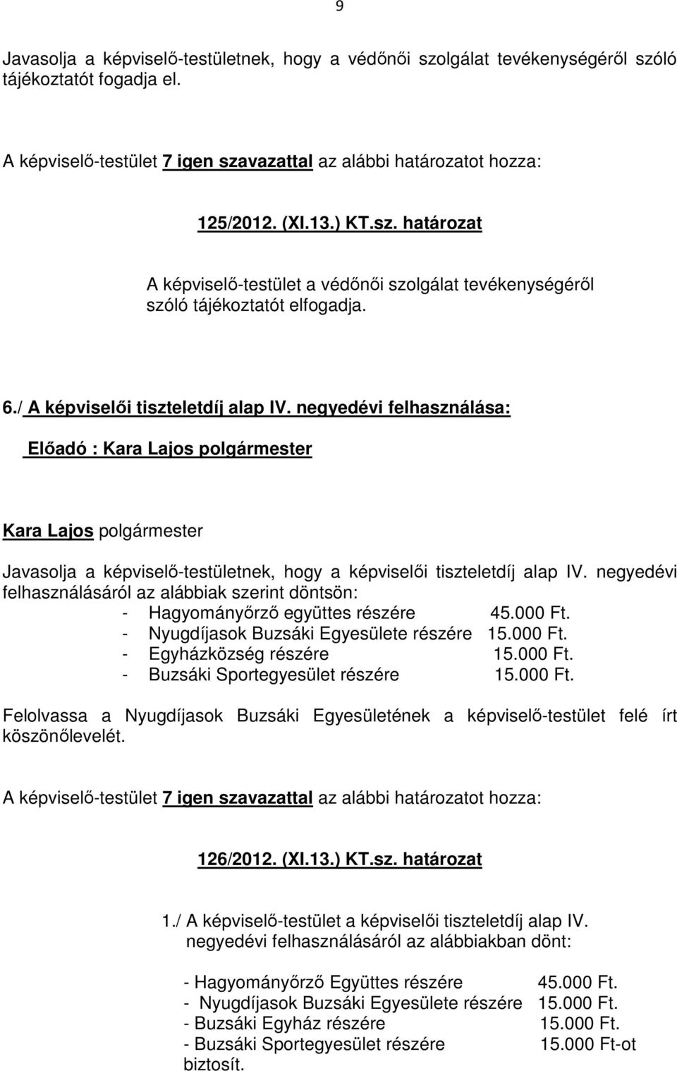 negyedévi felhasználásáról az alábbiak szerint döntsön: - Hagyományőrző együttes részére 45.000 Ft. - Nyugdíjasok Buzsáki Egyesülete részére 15.000 Ft. - Egyházközség részére 15.000 Ft. - Buzsáki Sportegyesület részére 15.