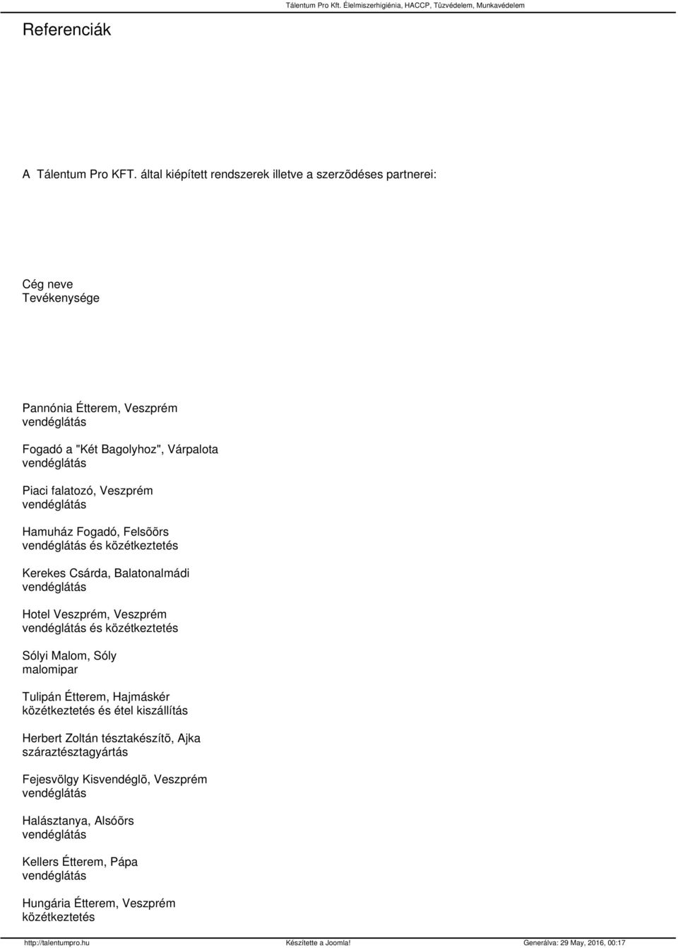 Bagolyhoz", Várpalota Piaci falatozó, Veszprém Hamuház Fogadó, Felsõõrs és Kerekes Csárda, Balatonalmádi Hotel Veszprém, Veszprém