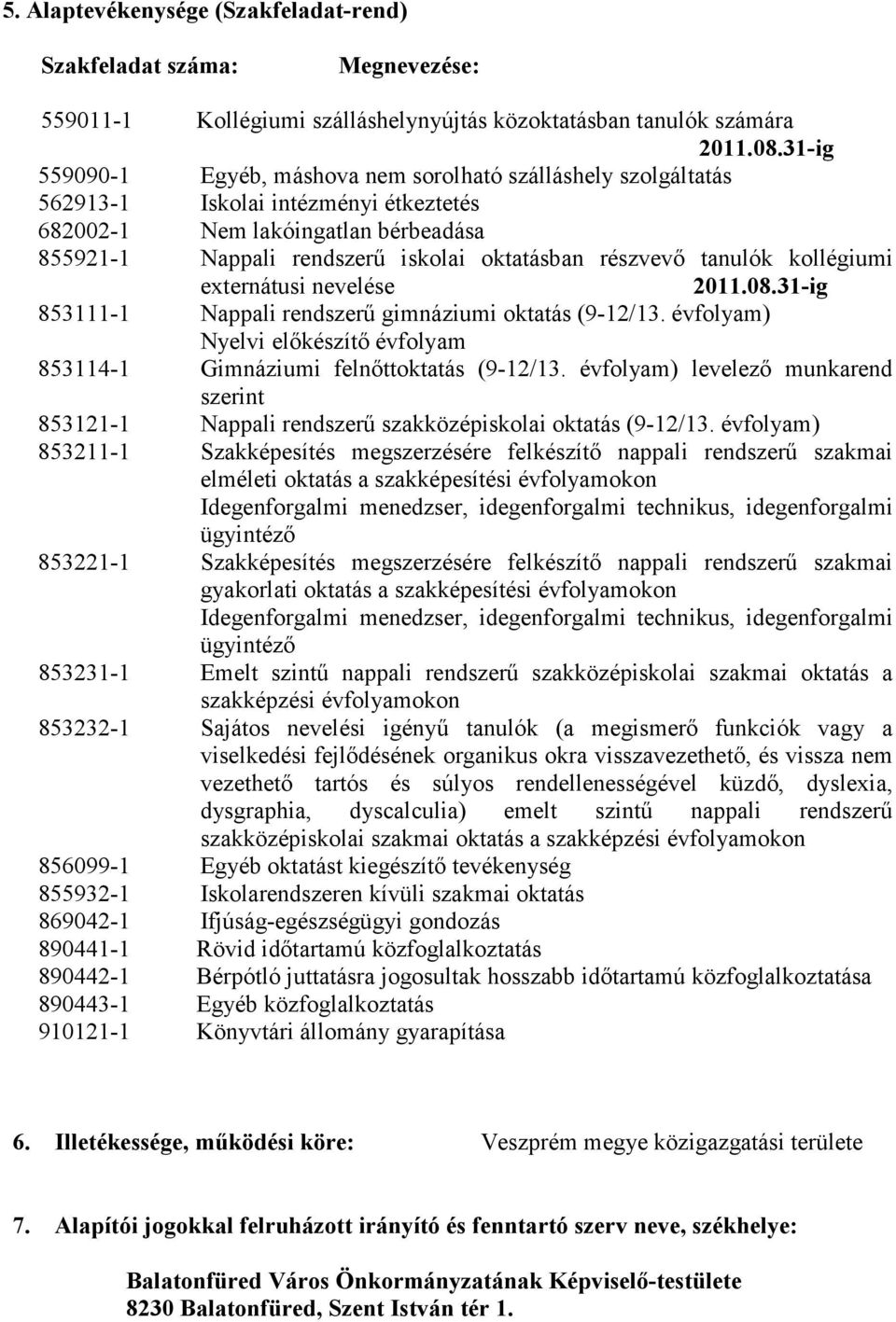 tanulók kollégiumi externátusi nevelése 2011.08.31-ig 853111-1 Nappali rendszerű gimnáziumi oktatás (9-12/13. évfolyam) Nyelvi előkészítő évfolyam 853114-1 Gimnáziumi felnőttoktatás (9-12/13.