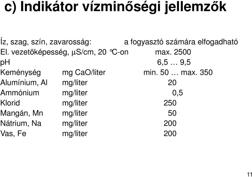 2500 ph 6,5 9,5 Keménység mg CaO/liter min. 50 max.