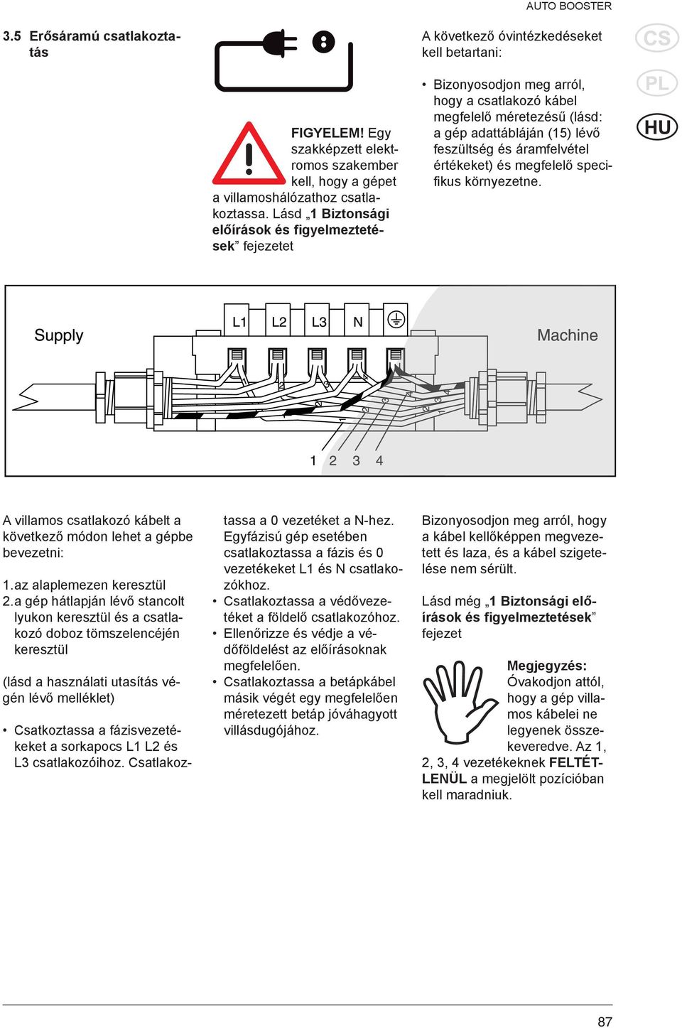 értékeket) és megfelelő specifi kus környezetne. A villamos csatlakozó kábelt a következő módon lehet a gépbe bevezetni: 1. az alaplemezen keresztül 2.