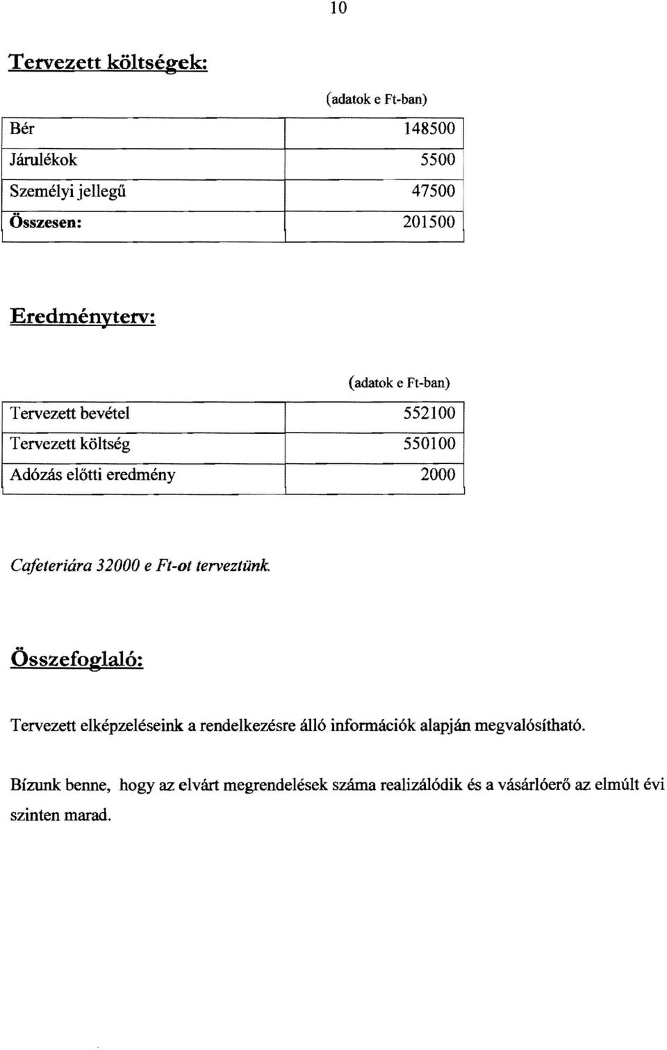 Adózás előtti eredmény 2000 Cafeteriára 32000 e Ft-ot terveztünk.