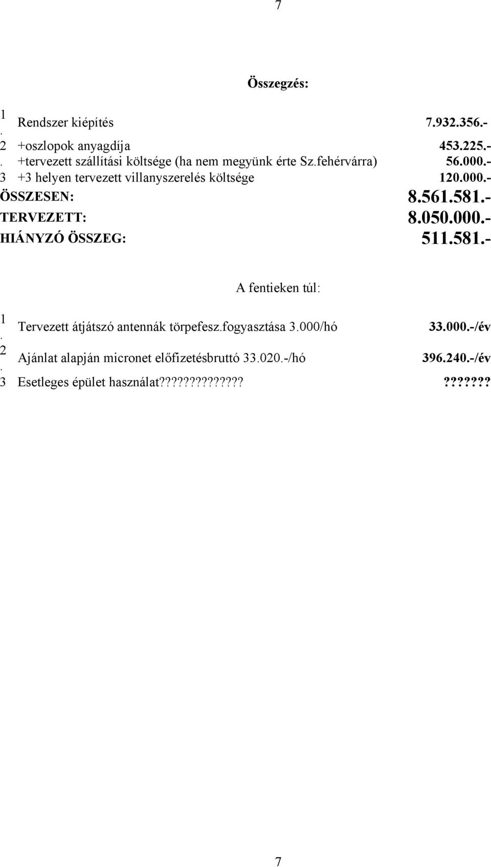 050.000.- HIÁNYZÓ ÖSSZEG: 511.581.- A fentieken túl: 1. Tervezett átjátszó antennák törpefesz.fogyasztása 3.000/hó 33.000.-/év 2.