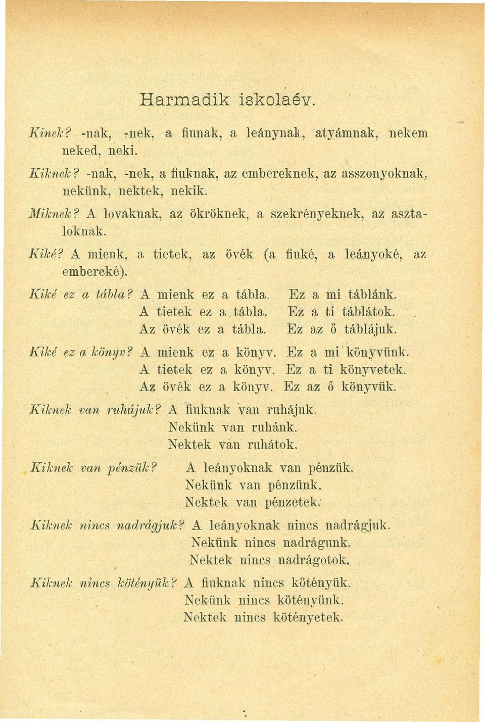 A míenk, a tietek, az övék Ca fíuké, a leányoké, az embereke). K iké z a tá b la? A míenk ez a tábla. Ez a mi táblánk. A tietek ez a. tábla. Ez a ti táblátok. Az övék ez a tábla. Ez az ő táblajuk.