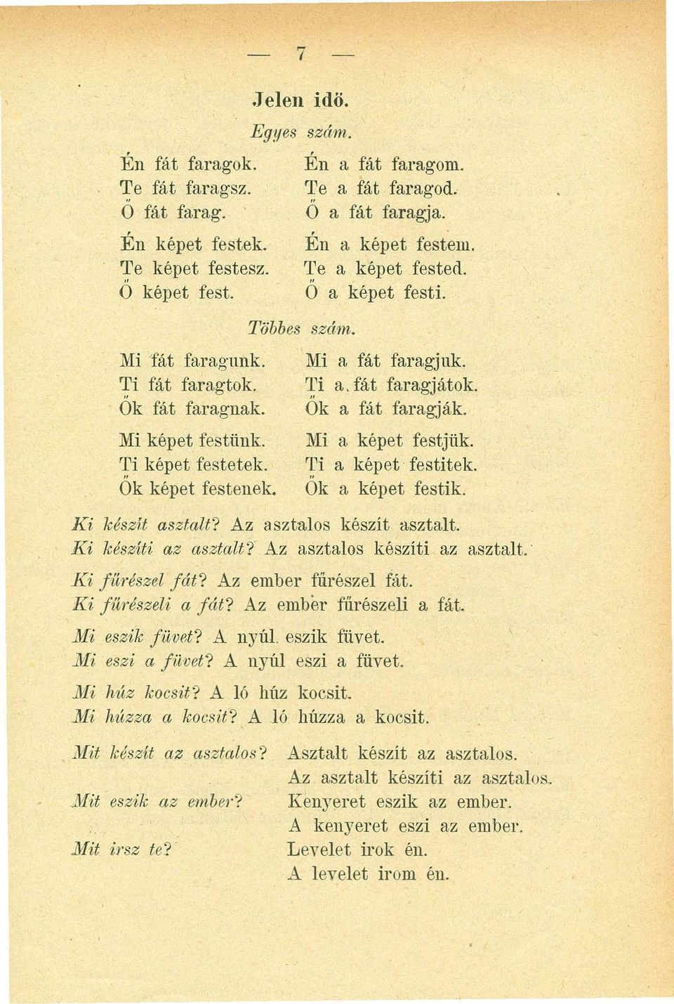 Ti képet festetele. Ök képet festenek. Mi a fát faragjuk. Ti a, fát faragj átok. Ök a fát faragják. Mi a képet festjük. ~i a képet festitek. Ok a képet festik. K i készít a szta lt?