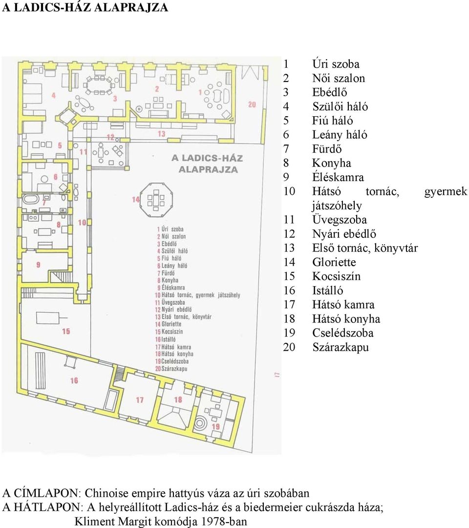 Kocsiszín 16 Istálló 17 Hátsó kamra 18 Hátsó konyha 19 Cselédszoba 20 Szárazkapu A CÍMLAPON: Chinoise empire hattyús