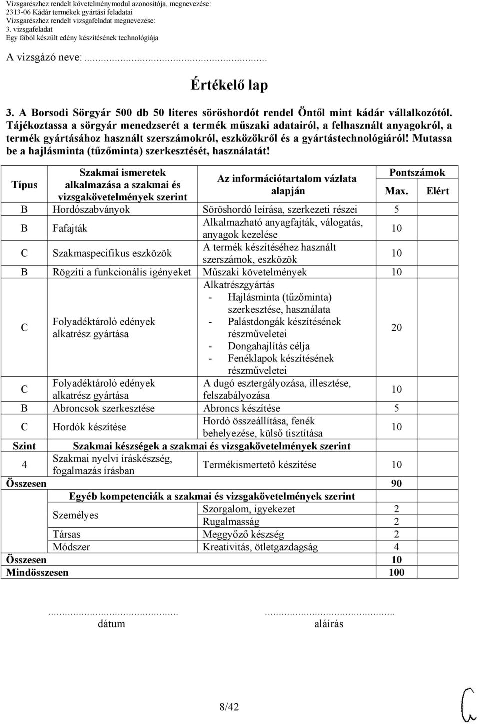 Mutassa be a hajlásminta (tűzőminta) szerkesztését, használatát! Típus Szakmai ismeretek alkalmazása a szakmai és vizsgakövetelmények szerint Az információtartalom vázlata alapján Pontszámok Max.