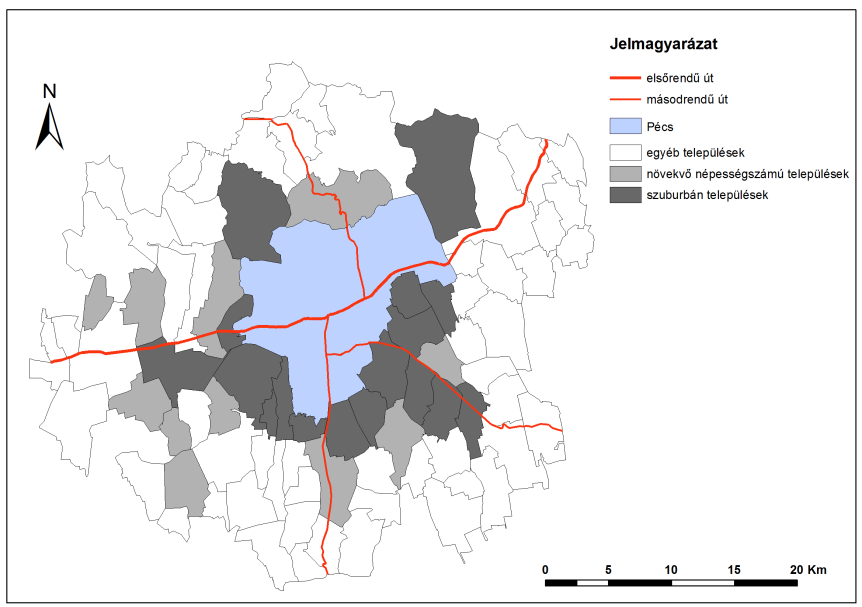 3. ábra: Szuburbán települések Pécs környékén (saját szerk.