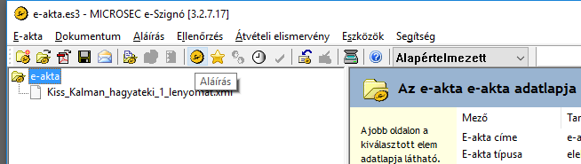 mappából az aláírtba a fájlt. Fontos, hogy az aláírt fájlnak megadott könyvtár nevét mentsük el vagy keressük meg. Javasoljuk az aláírandó könyvtár megnyitását, ott találunk egy xml-t.