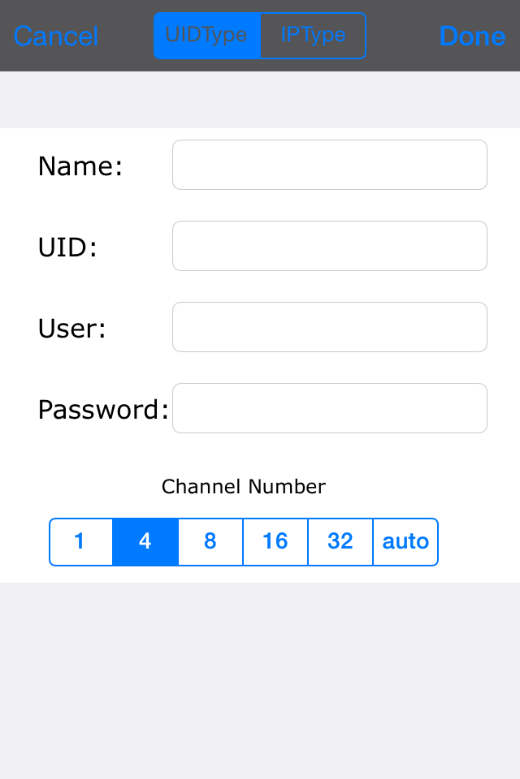 4.2.1 UID mód (P2P mód) Megnevezés Name UID User Password Channel number Leírás A készülék neve. Két készüléknek nem lehet azonos neve, amennyiben a beírt név már foglalt, vörös színben lesz látható.