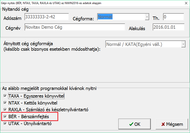 Gépi nyitás A program automatikusan bejelöl minden előző évben használt modult, amely bejelölést a kezelő a nyitni kívánt modulra (esetünkben például a