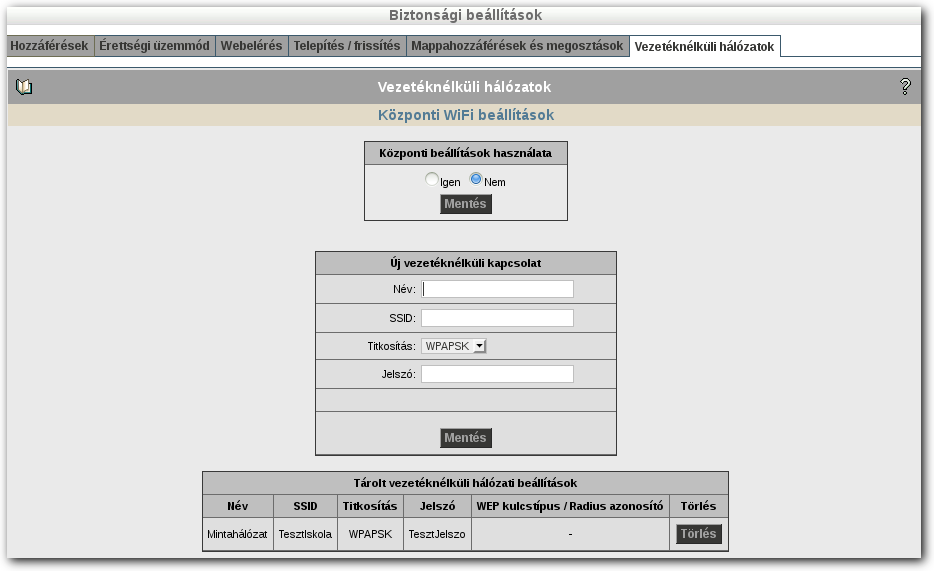BIZTONSÁG Az elmentett beállítások adatait a képernyő alsó részén láthatja, illetve itt törölheti őket a Törlés gombra kattintva.
