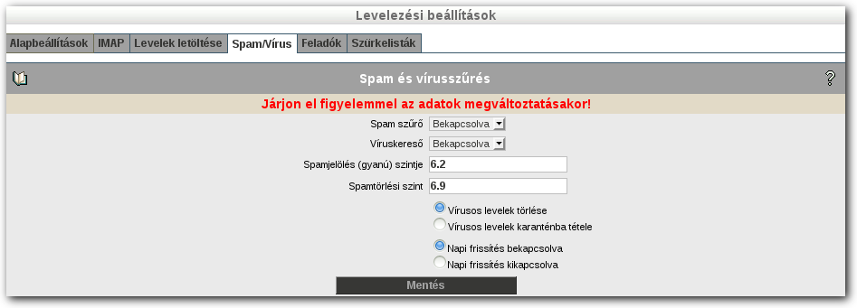 LEVELEZÉS 12.4 Spamszűrés és víruskeresés beállításai A Spam/Vírus fül alatt beállíthatja, hogy mi legyen a spamszűrés szintje, illetve mi történjen a vírusos levelekkel.