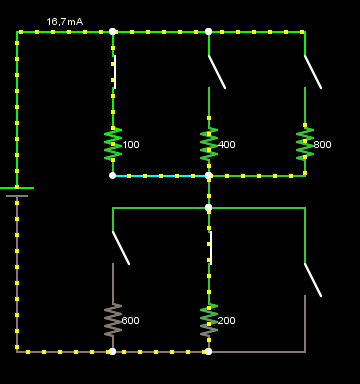Szimuláció: Resistors A http://www.falstad.com/circuit/ címen található szimulációs program Resistors mintapéldájával kipróbálhatjuk a soros és a párhuzamos kapcsolást, illetve a feszültségosztót is.