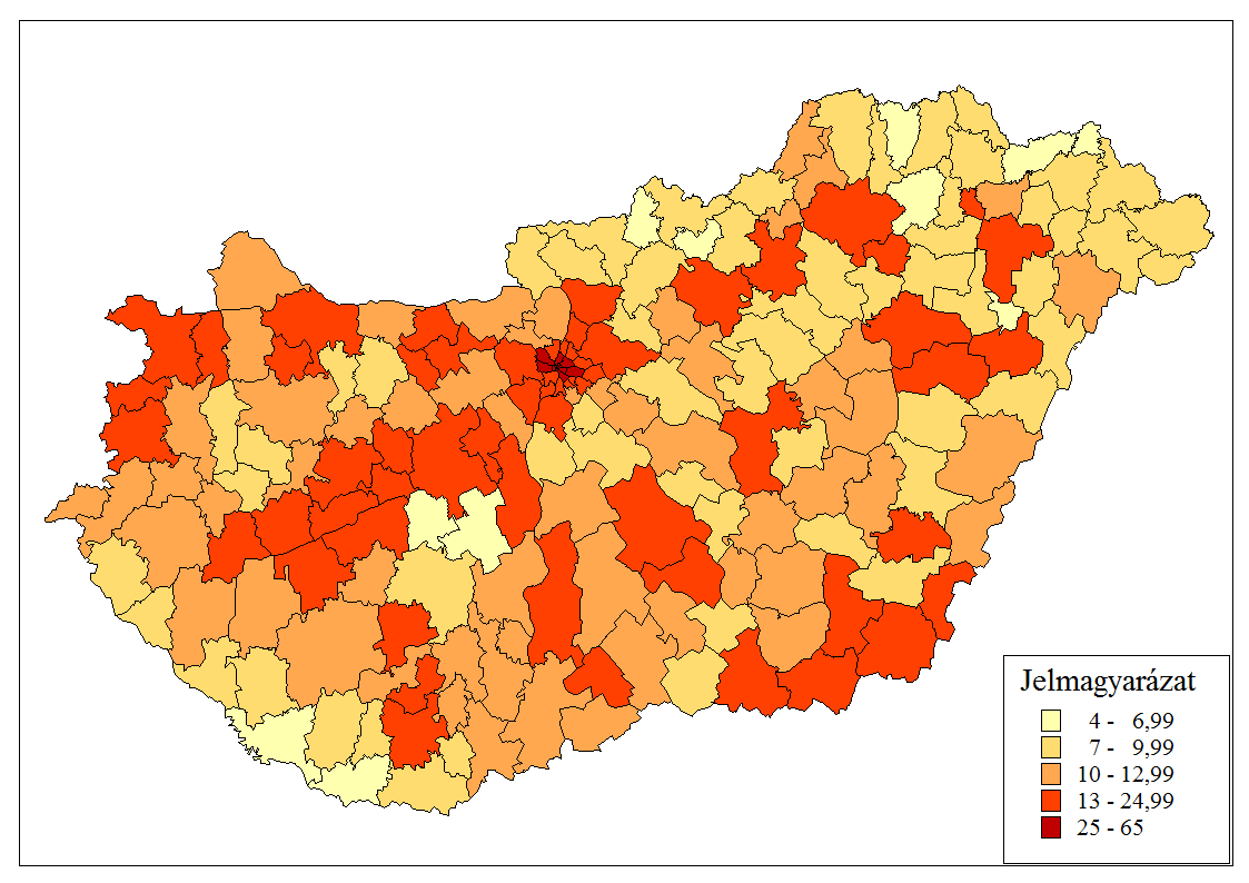 Éves lakáspiaci tranzakciók 1000 lakosra vetített száma 2015-ben Housing transactions per 1000 inhabitants in 2015 Forrás: KSH (saját szerkesztés) / Source CSO (OC visual) Lakáspiaci