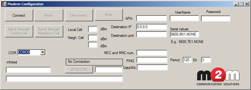 2.2 Konfigurálás 1. Futtassa a ModemCfg2.exe fájlt. 2. A COM mezőnél válassza ki a PC-n kiosztott soros portot és nyomja meg Connect gombot. 3. Kapcsolja be a modemet (tápfeszültség ráadásával az 5.