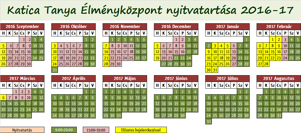 A Katica Tanya - Élményközpont nyitva tartása és