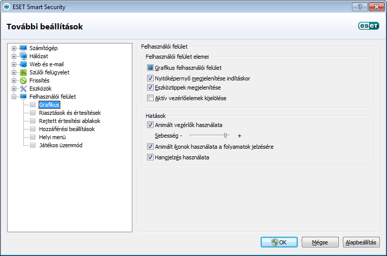 4.7.1 Grafikus elemek Az ESET Smart Security felhasználói felületének beállításai lehetővé teszik, hogy a felhasználó a saját igényei szerint alakítsa ki munkakörnyezetét.