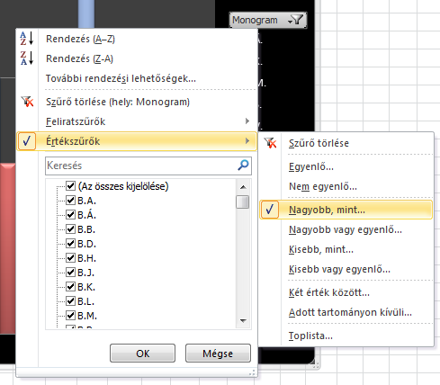 7 Szúrjunk be egy új munkalapra a Beszúrás/Kimutatás/Kimutatásdiagram paranccsal egy kimutatást. A jelmagyarázathoz és az értékekhez is húzzuk be a monogramot.