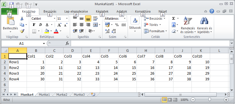 Az OLE technológiával megnyitjuk a külső programot (Excel), új munkafüzetet és abban új munkalapot hozunk létre, majd adatokkal töltjük fel (14.25.