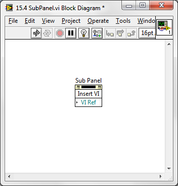 Ha megnézzük a VI Block diagram-ját azonnal érthetővé válik, hogy itt a SubPanel egyik metódusának hívása (Insert VI) jelenik meg, amelynél nincs megadva, hogy melyik másik