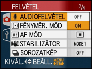 A menü beállítása A menüképernyők megjelenítése Nyomja meg a [/SET] gombot. például: Az összesen 4 oldalból megjelenik az első.