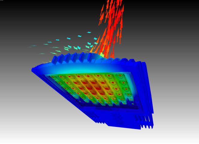 a) b) Figure 1: Thermal impedance of 3 different cooling solutions aimed at streetlighting luminare applications: a) Zth-curve representation, b) structure function representation Figure 2: CFD model