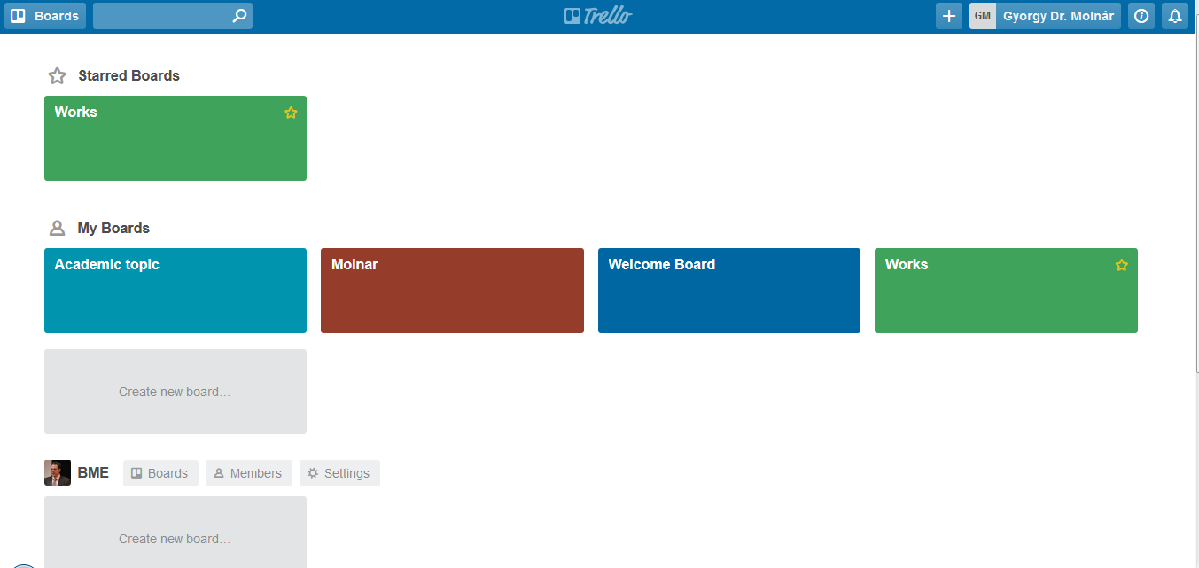4. ábra: A Trello nyitóoldala és személyes címkéi (Forrás: saját képernyőkép) A felhő alapú szolgáltatások lehetővé teszik a közös munkát crowdsourcing formájában egy adott projektben számos