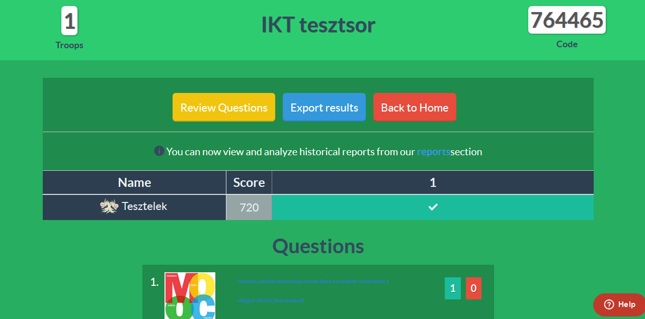 8. ábra: A Socrative virtuális osztályterme (Forrás: saját képernyőkép) 9. ábra: A kahoot.