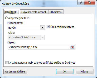 Karikáztassuk be a hibás adatokat és javítsuk ki kézzel a hibákat. Bontsuk fel a Nevek munkalap Adatok oszlopát Vezetéknévre, Keresztnévre és Lakhelyre.