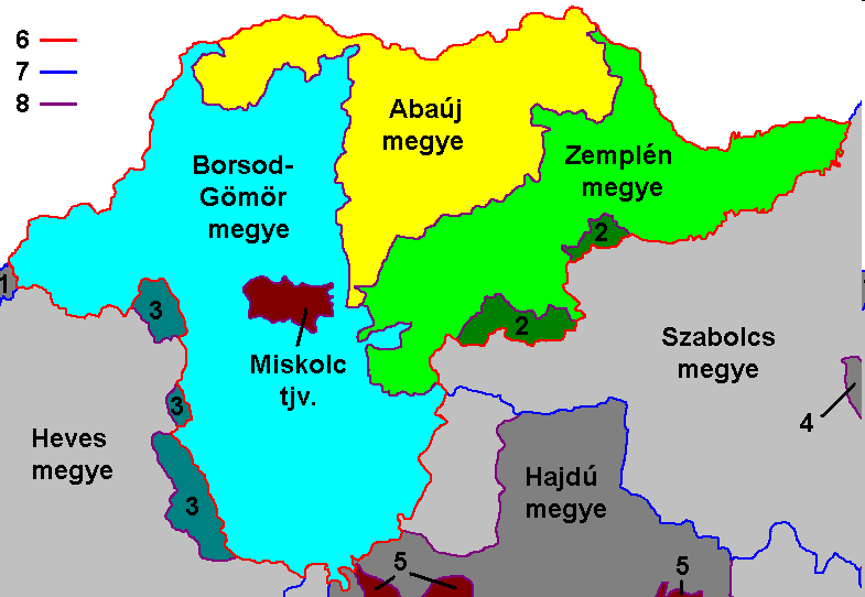 Borsod-Abaúj-Zemplén megye kialakítása 1950-ben: (1 Nógrád-Hont megye, 2 Szabolcs megyétől Borsod-Abaúj-Zemplénhez, 3 Borsod-Gömör