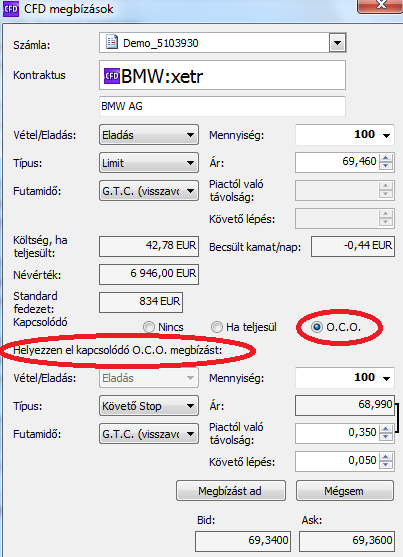 3. O.C.O.: (One cancel other). Lehetőség van 2 árszintet is beállítani. Amennyiben teljesül az egyik megbízás, a másik azonnal törlődik. Sikeres kereskedést kívánunk!