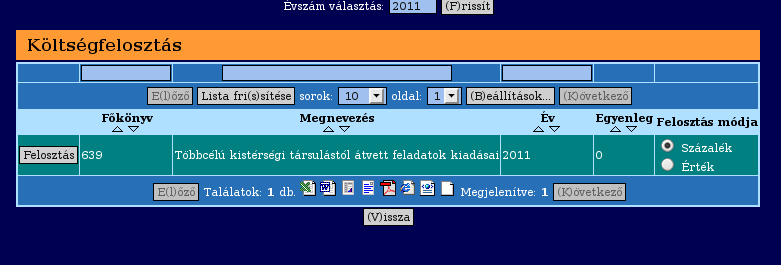 (98) Költségfelosztás A menüpontban történik a 6-os számlaosztályba rögzített tételek felosztása az 5-ös főkönyvekre és lehetőség van arra, hogy a felosztás a felhasználó által rögzített értékekkel