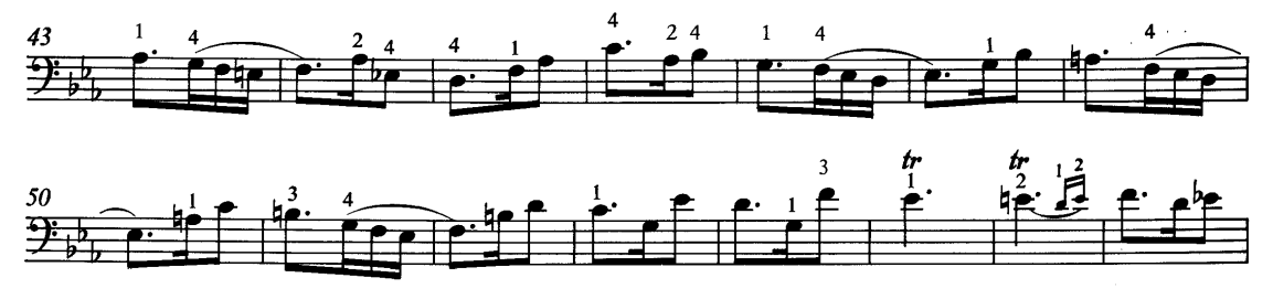 47. kottapélda: a C-dúr Gigue tárgyalt részlete A c-moll Gigue egész más típusú, háromnyolcados ütemekbe rendezett, végig pontozott ritmusú ugró tánc, ahol jól nyomon követhetjük a négy, de legalább