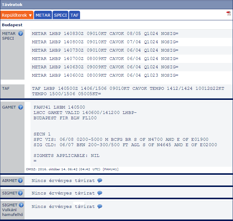 Táviratok A honlapon továbbra is megtekinthetők: a hazai repülőterek megfigyelései (METAR, SPECI), a repülőtéri előrejelzések (TAF), az alacsonyszintű (100 FL alatti) repülés részére, a veszélyes