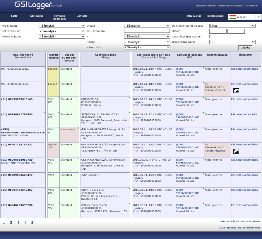 A Lista oldal alján letölthetőek a rekordok a weboldalról Excel vagy.