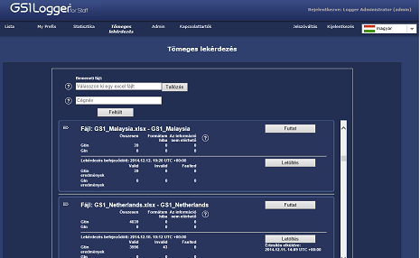 5.6.2 Lekérdezések előzményei GS1 Logger Felhasználói kézikönyv Minden feltöltött (weboldalon és webes szolgáltatásnál keresztül leadott) fájl és lekérdezési eredmény a szerveren tárolódik, így
