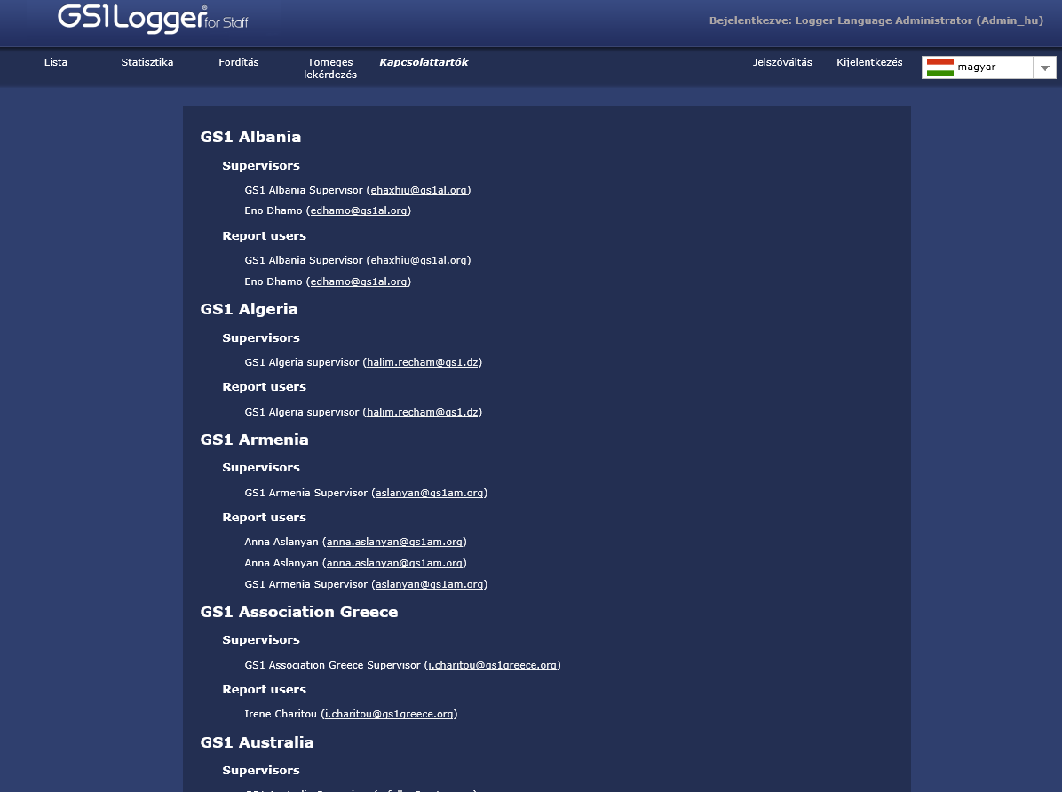 5.7 Kapcsolattartás GS1 Logger Felhasználói kézikönyv Amennyiben további kérdések merültek fel, ezen az oldalon megtalálja a regisztrált tagország Riport Adminisztrátorának és Supervisorának