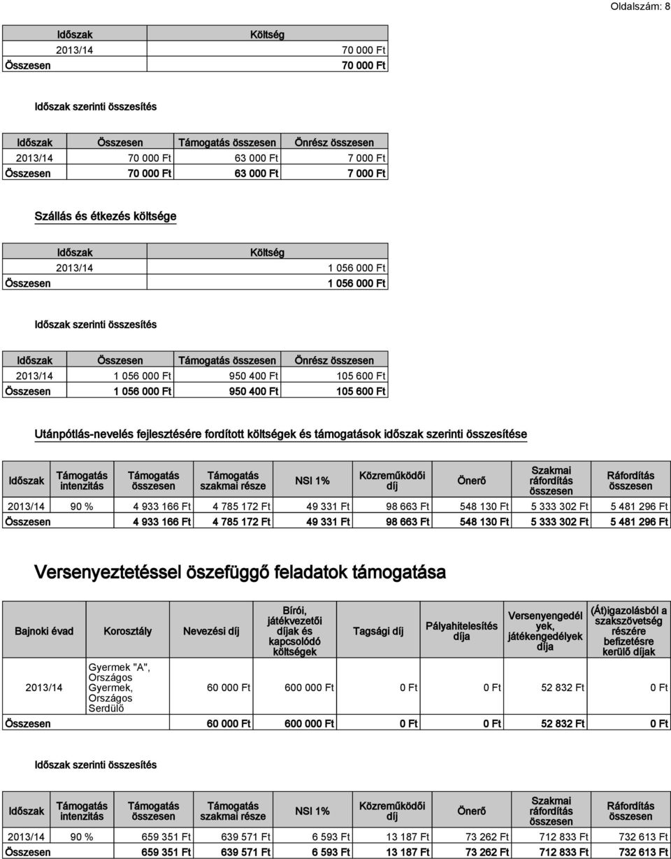 támogatások időszak szerinti összesítése Időszak intenzitás szakmai része NSI 1% Közreműködői díj Önerő Szakmai Ráfordítás 90 % 4 933 166 Ft 4 785 172 Ft 49 331 Ft 98 663 Ft 548 130 Ft 5 333 302 Ft 5