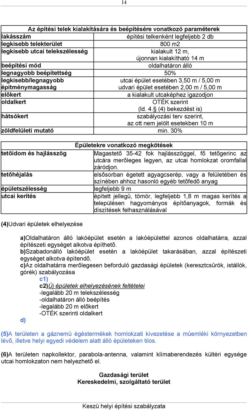 m elõkert a kialakult utcaképhez igazodjon oldalkert OTÉK szerint (ld. 4. (4) bekezdést is) hátsókert szabályozási terv szerint, az ott nem jelölt esetekben 10 m zöldfelületi mutató min.