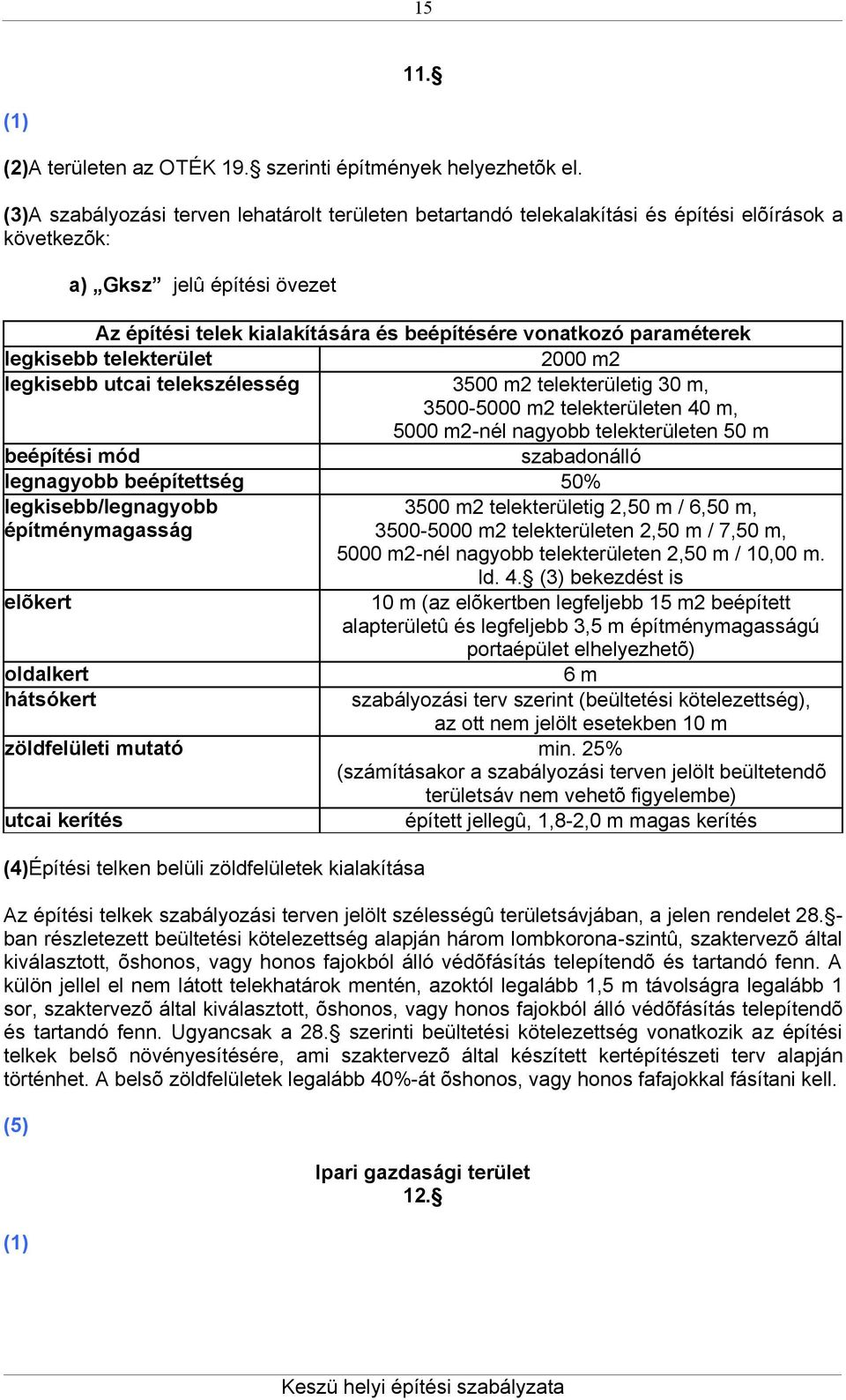 paraméterek legkisebb telekterület 2000 m2 legkisebb utcai telekszélesség 3500 m2 telekterületig 30 m, 3500-5000 m2 telekterületen 40 m, 5000 m2-nél nagyobb telekterületen 50 m beépítési mód